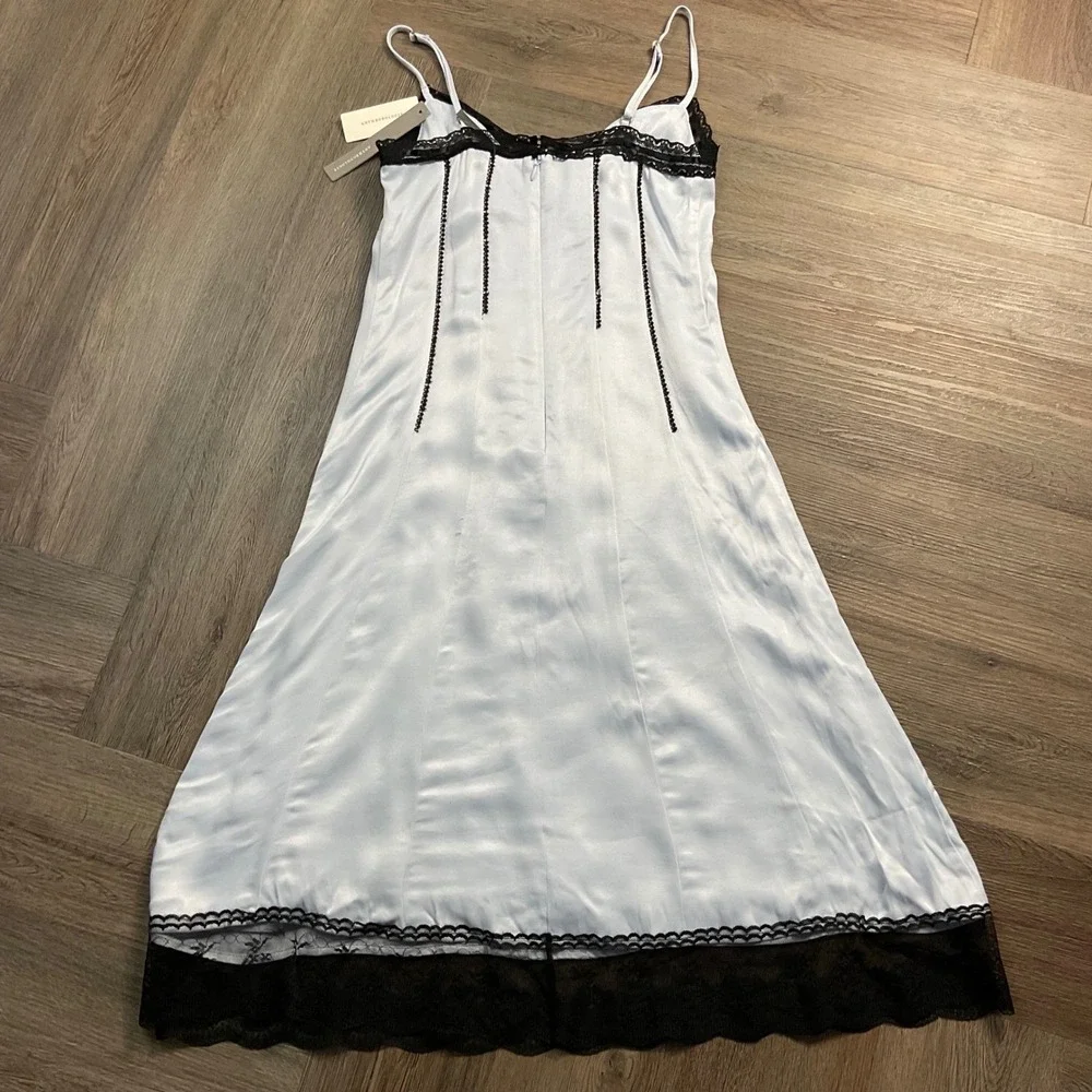 NWT Anthropologie Satin Lace Trim Slip Midi Bow Dress Womens 00 Blue Coquette - Picture 2 of 12